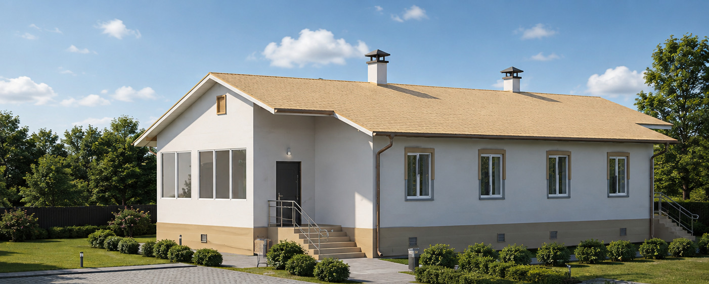 Two-dwelling single-storey timber house, entrance elevation and glazed end bay
