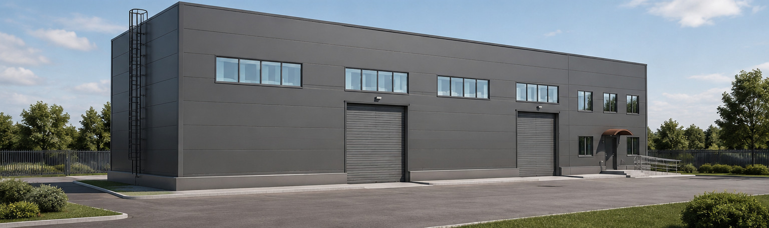 Administrative building with staff car park, entrance canopy and administrative volume