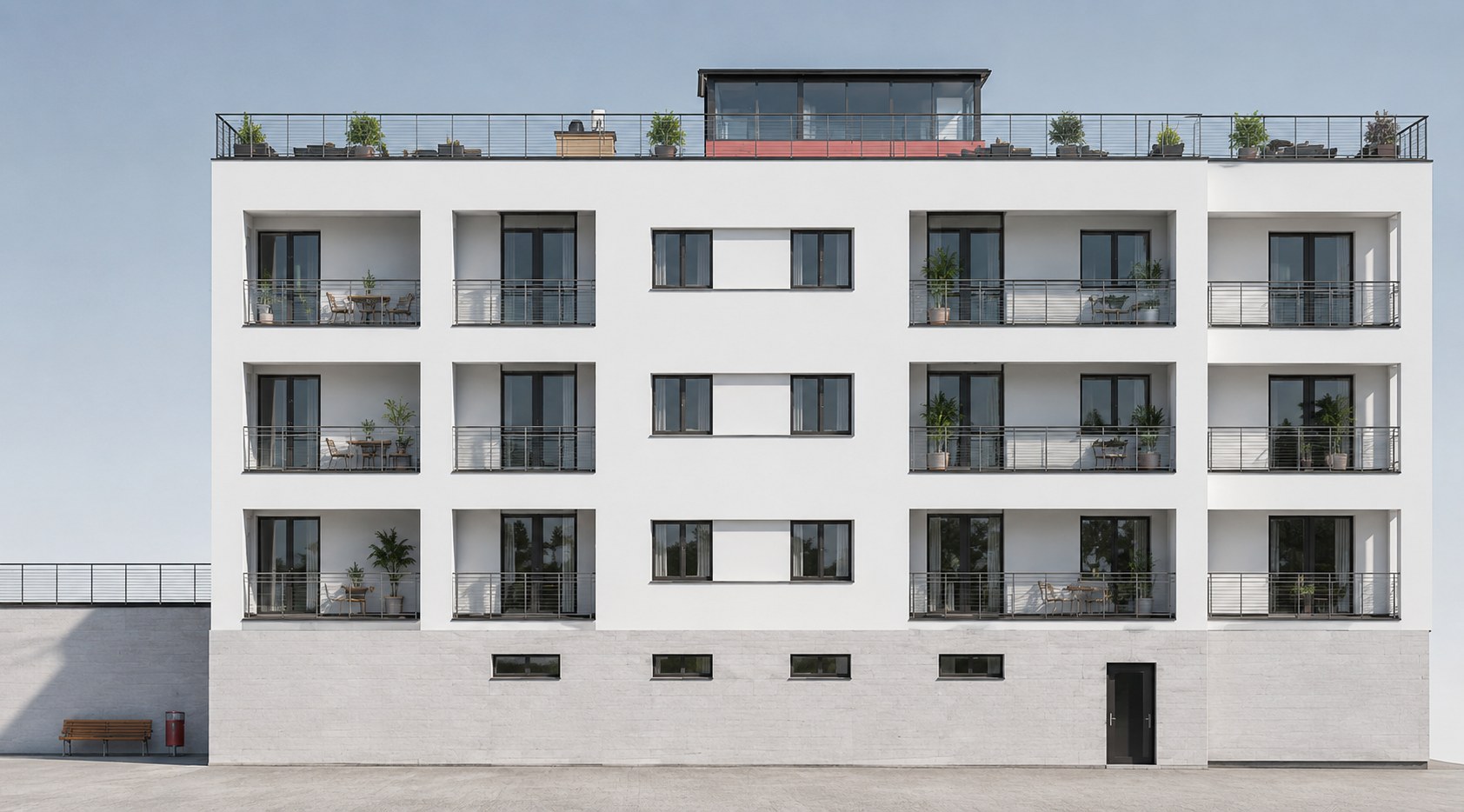 Main facade with roof terrace and bar