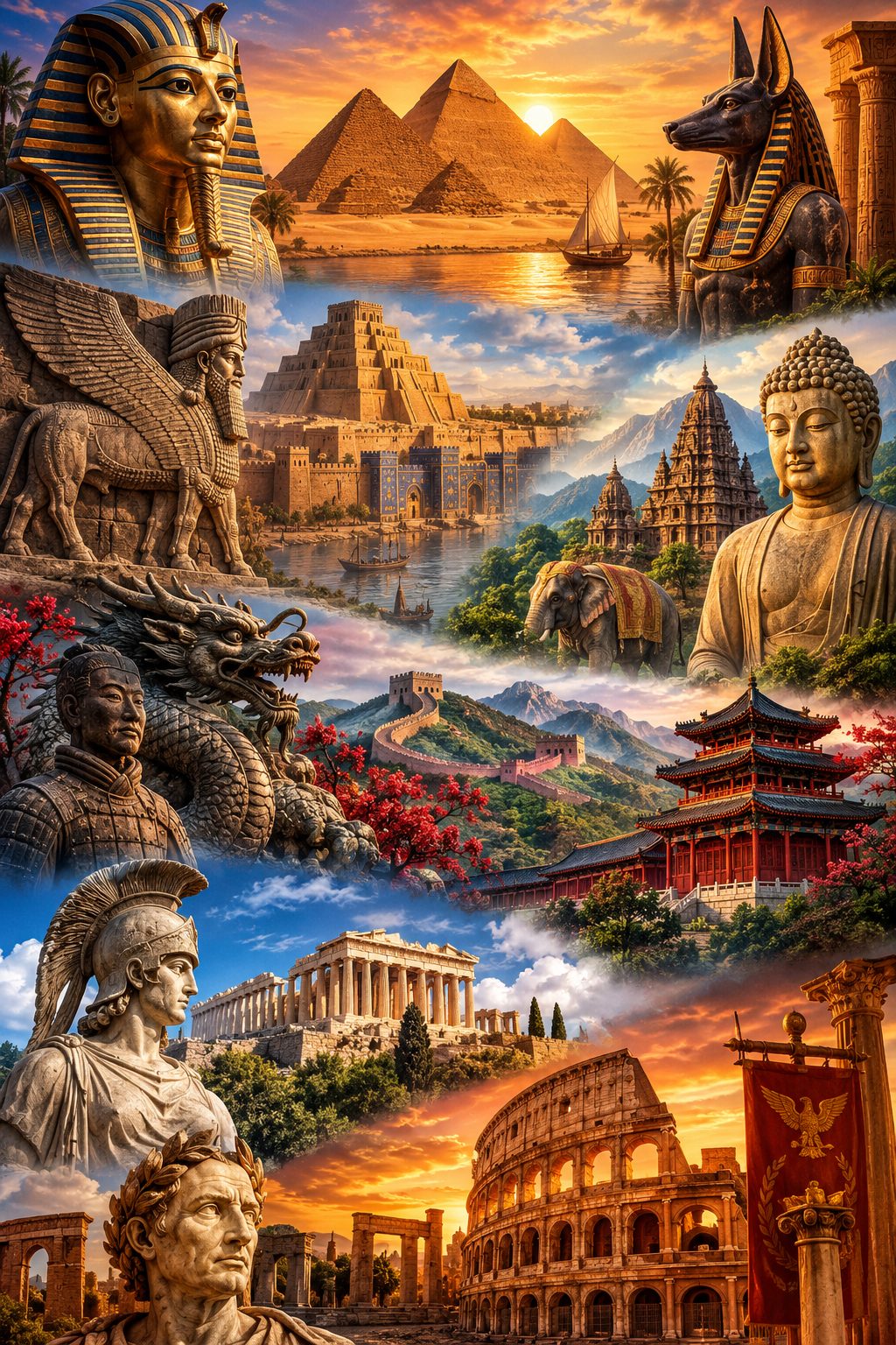 Egypt, Mesopotamia, India, China, Greece and Rome: six civilisations of the ancient world (illustration)